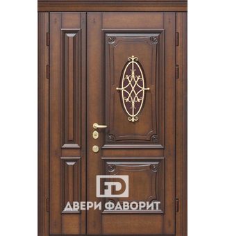 дверь металлическая двустворчатая с ковкой и овальной стеклянной вставкой