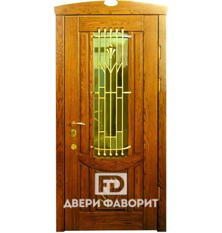 стальная дверь входная с ковкой и стеклопакетом, отделка массив дерева