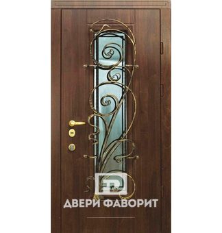 металлическая уличная дверь с ковкой под бронзу и стеклом